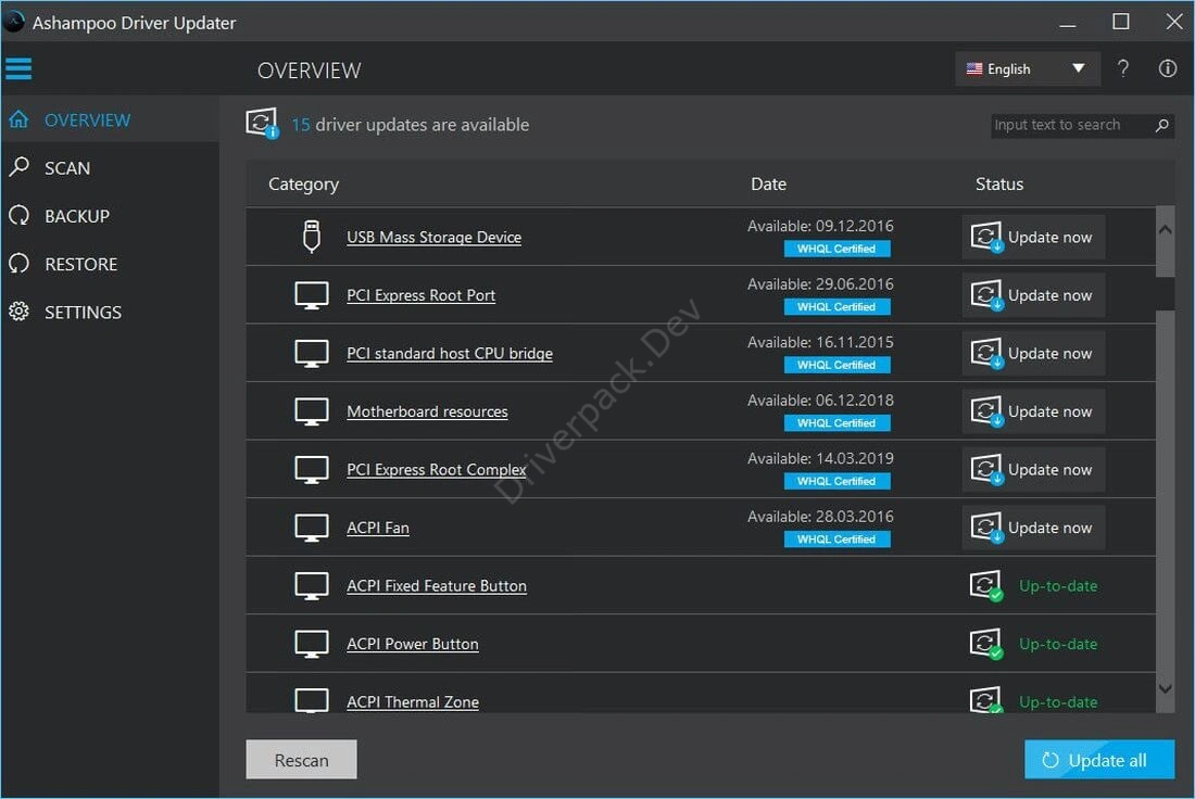 Устройства нуждающиеся в установке драйверов Ashampoo Driver Updater
