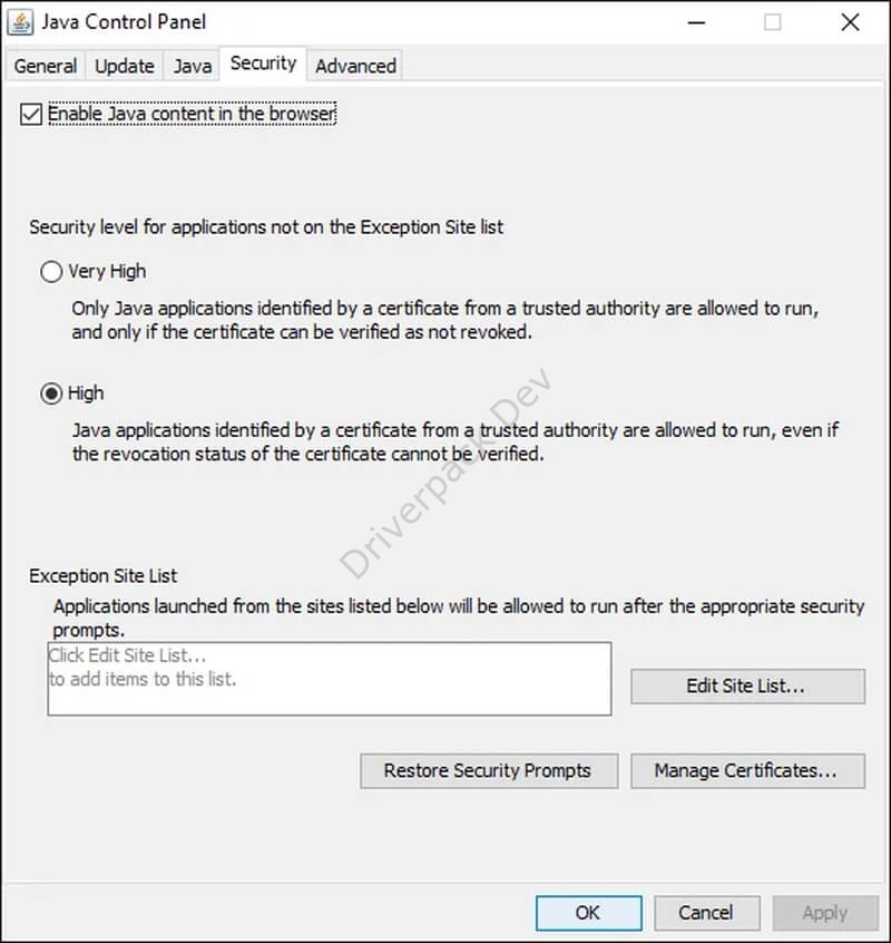 Параметры безопасности Java SE
