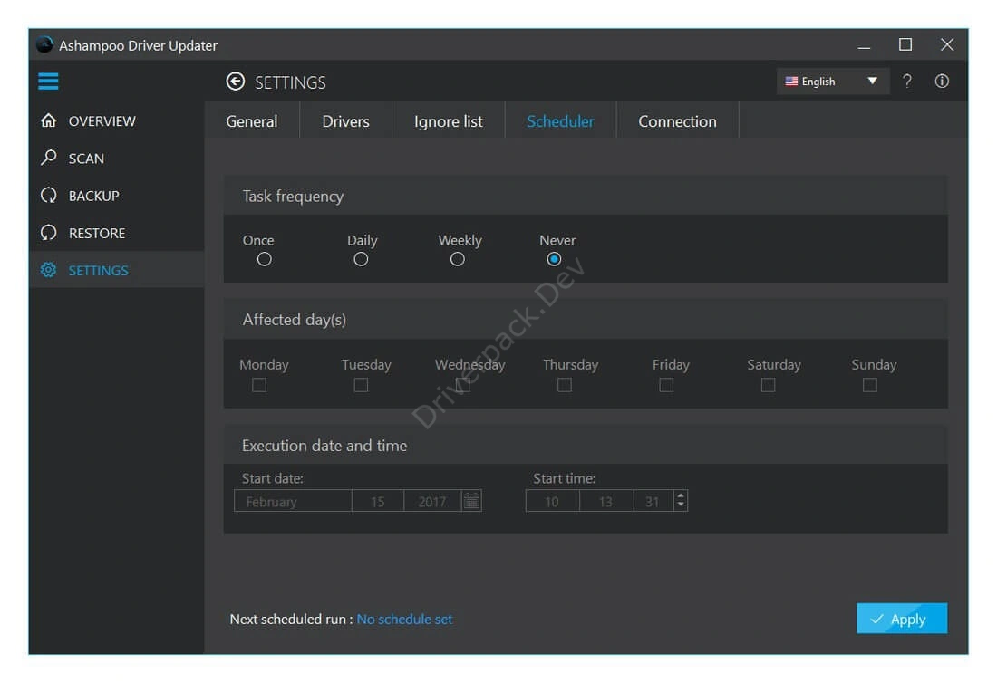 Настройки Ashampoo Driver Updater