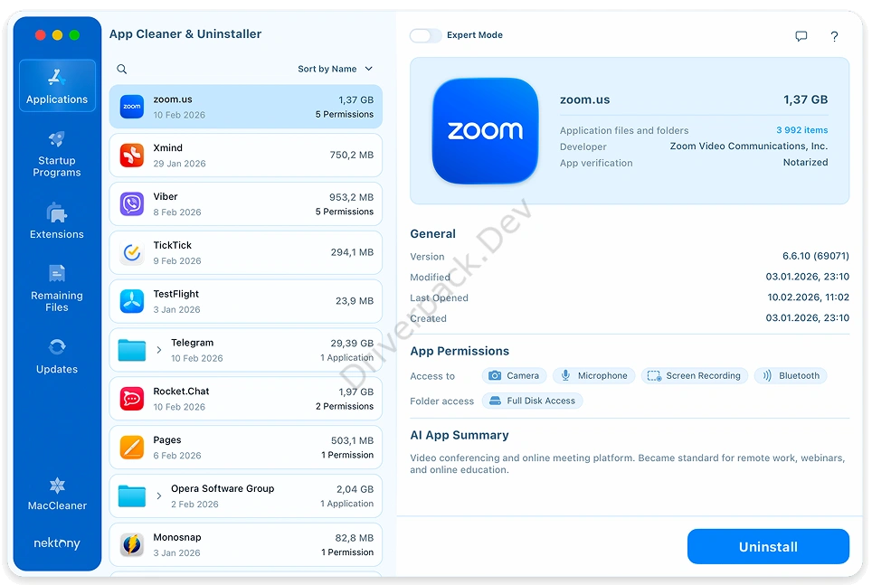 Проверка разрешений программ и их настройка через App Cleaner & Uninstaller