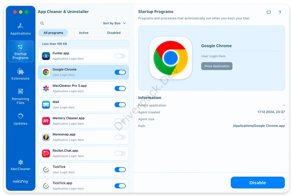 Управление автозагрузкой в App Cleaner