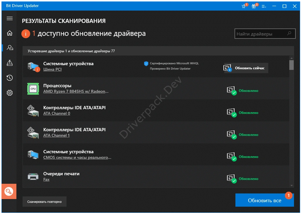 Результаты сканирования устройств Bit Driver Updater